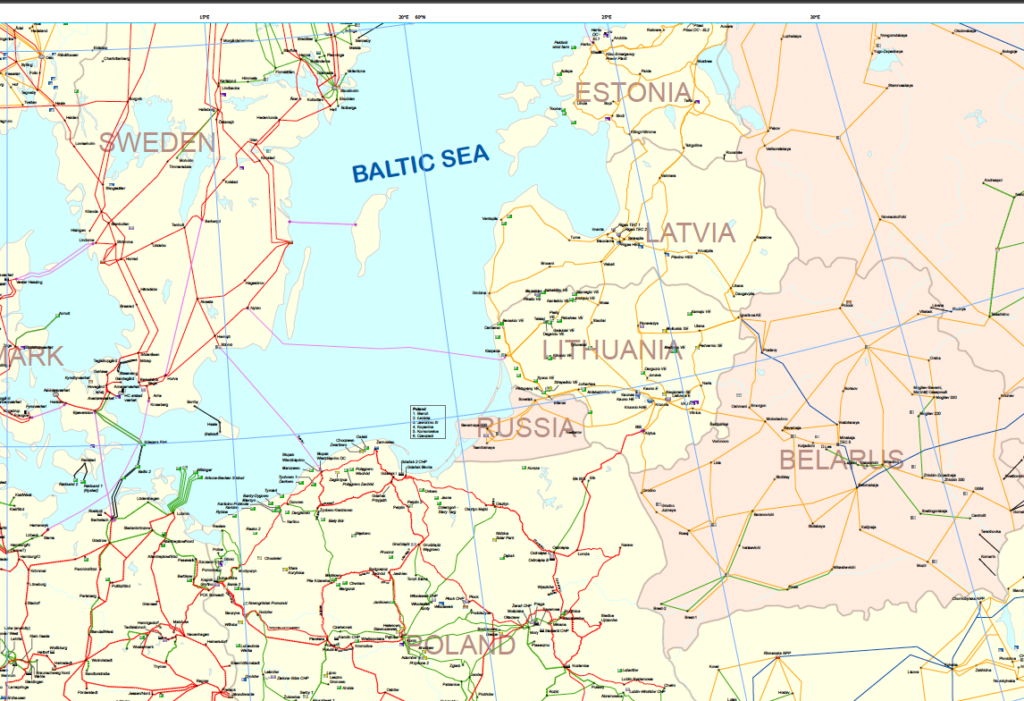 Réseaux électriques haute-tension des pays riverains de la Baltique issue de la carte européenne d'Entso-e