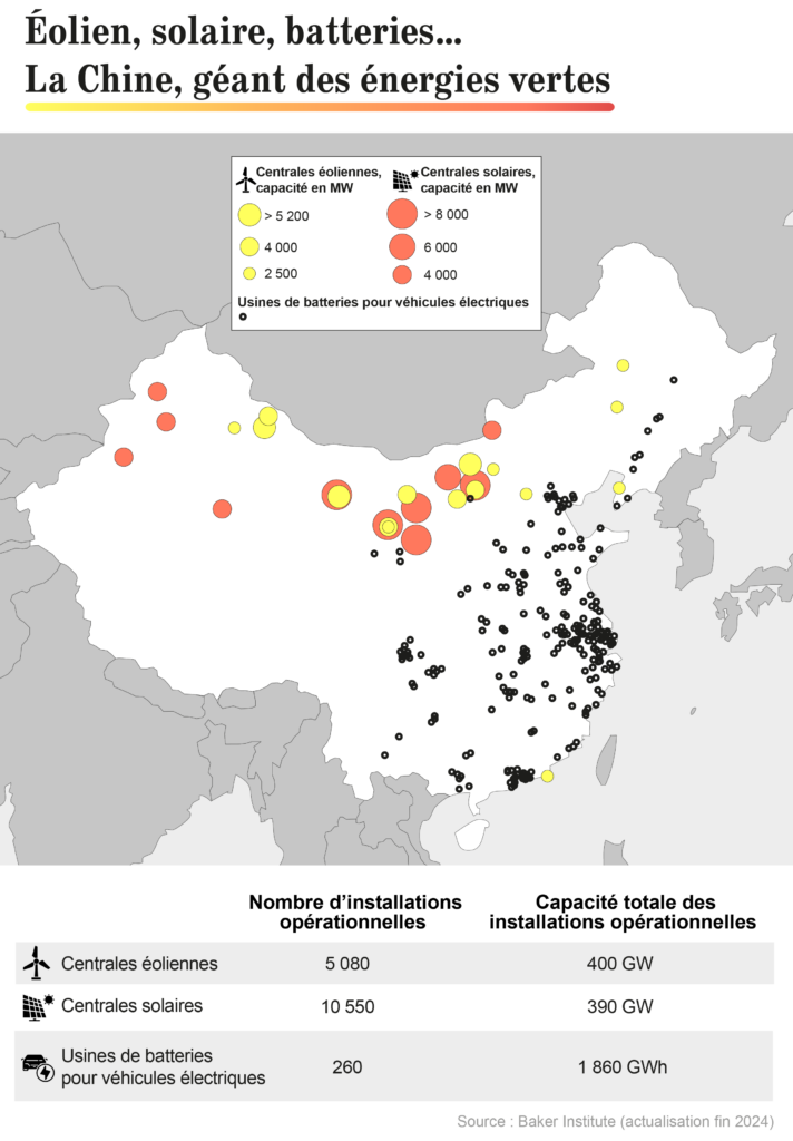 Carte sur les installations opérationnelles des centrales solaires, éoliennes et usines de batteries pour véhicules électriques en Chine