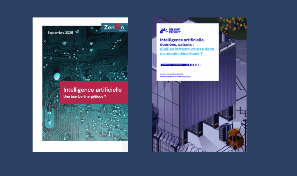 Les couvertures des études de Zenon, « Intelligence artificielle, une bombe énergétique ? » et du du Shit Project, « Intelligence artificielle, données, calculs : quelles infrastructures dans un monde décarboné ? »