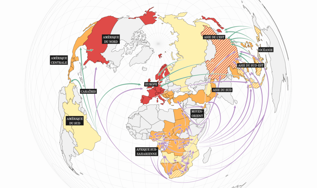 Carte du monde représentant l'éco-délinquance mondiale, un business lucratif avec les principaux acteurs de réseaux de crime organisé et les différents flux internationaux d'éco-délinquance