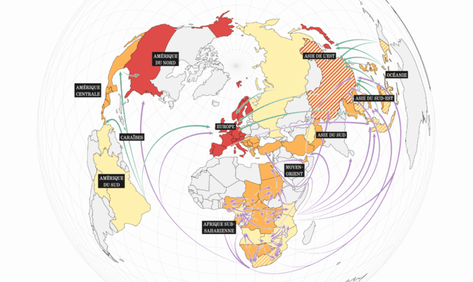 Carte du monde représentant l'éco-délinquance mondiale, un business lucratif avec les principaux acteurs de réseaux de crime organisé et les différents flux internationaux d'éco-délinquance