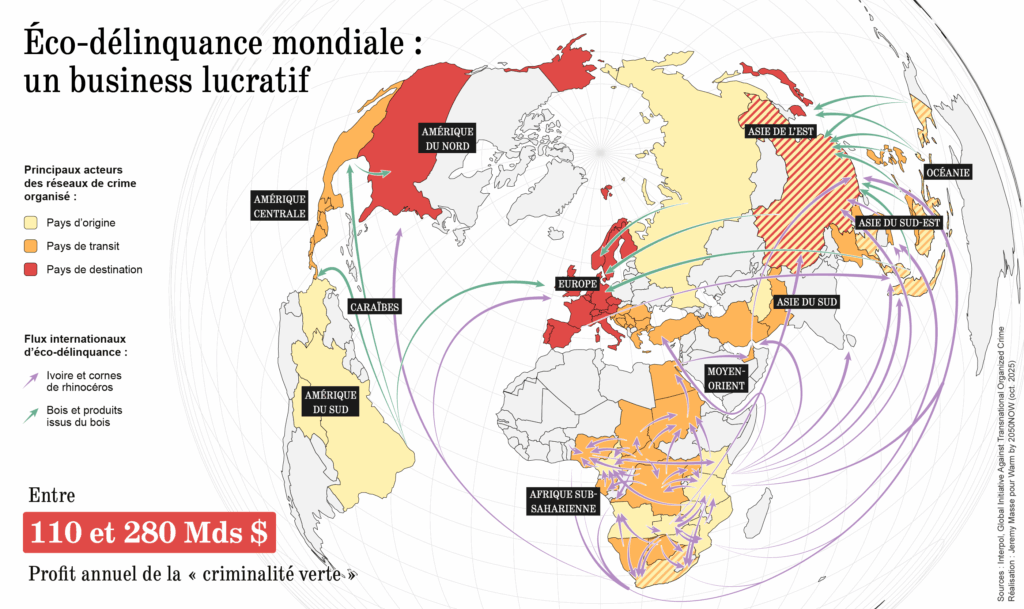 Carte du monde représentant l'éco-délinquance mondiale, un business lucratif avec les principaux acteurs de réseaux de crime organisé et les différents flux internationaux d'éco-délinquance
