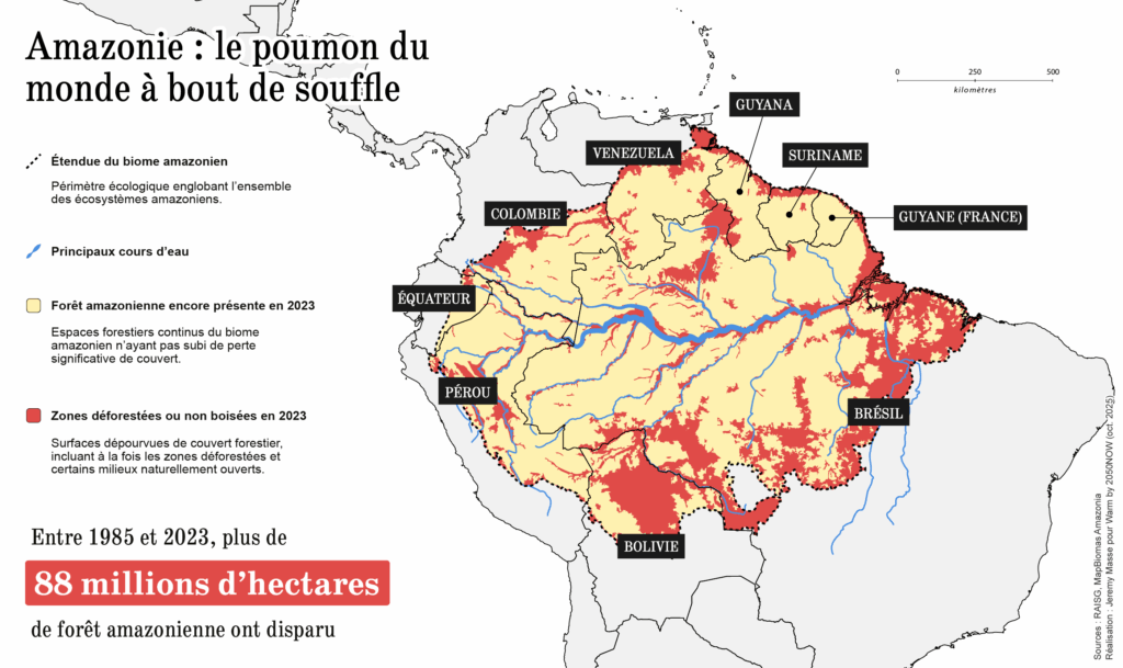 Une carte montrant l'évolution de la déforestation en Amazonie, entre 1985 et 2023.