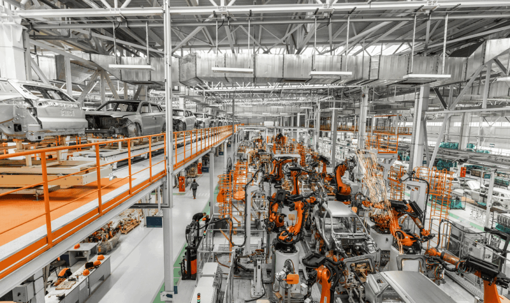 Automobile production line. Welding car body. Modern car assembly plant.