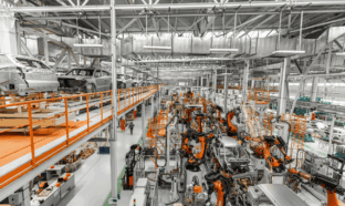 Automobile production line. Welding car body. Modern car assembly plant.