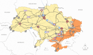 Carte de l'Ukraine représentant les sources de productions énergétiques