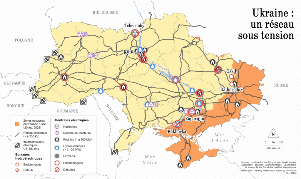 Carte de l'Ukraine représentant les sources de productions énergétiques