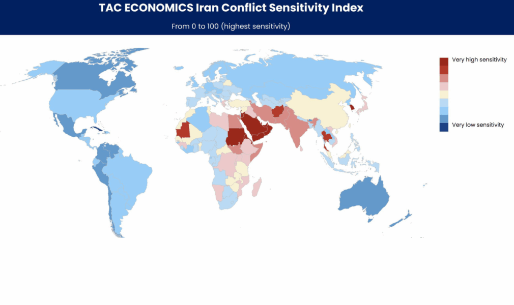 Carte du monde réalisée par TAC ECONOMICS représentant l'indicateur de sensibilité au conflit en Iran